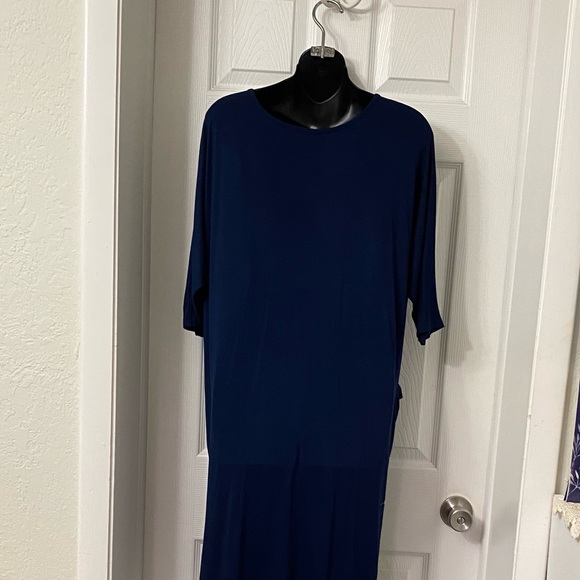 Ink + Ivy  Med Blouson Knit Double V Neck Midi Dress Blue 3/4 Sleeve BohoCore - Picture 1 of 5